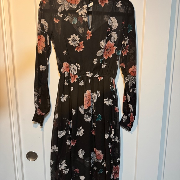 Love Fire Semi-Sheer Lined Floral Midi Dress – Black Multi, Size Small - Picture 2 of 8